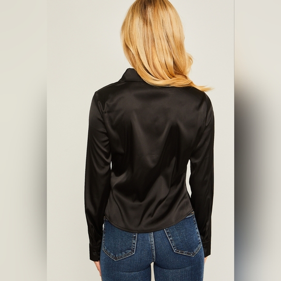 Long Sleeve Satin Button Down Ruched Blouse Dress Shirt Black Various Sizes - Picture 5 of 9